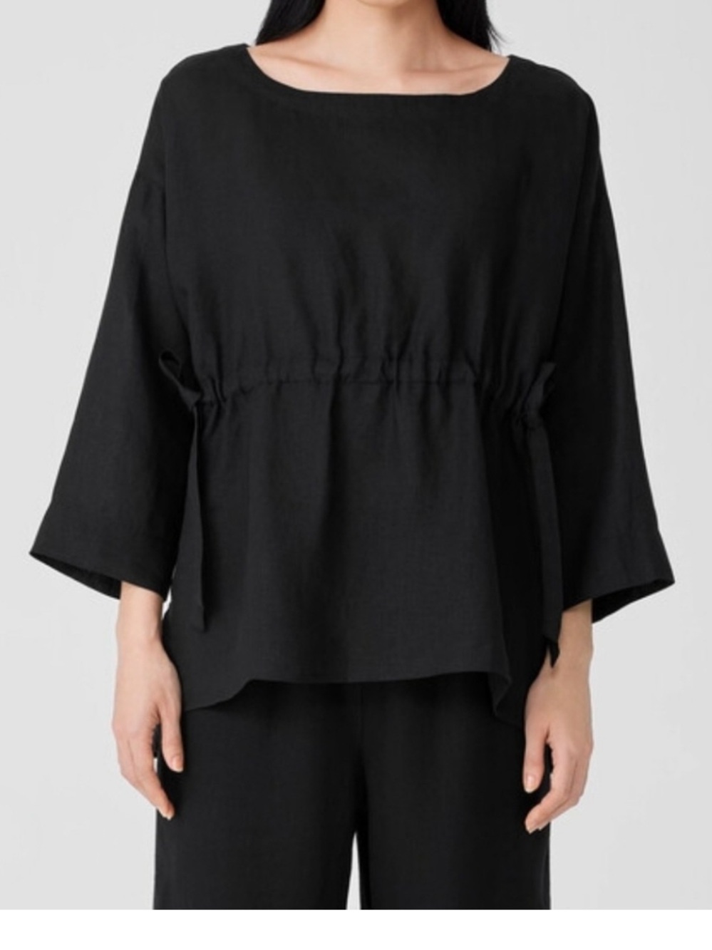 Eileen Fisher Black Capri Handkerchief Bateau Neck 100% Linen Top. Size XXS.